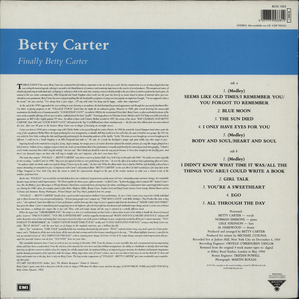 Betty Carter Finally UK vinyl LP album (LP record) 077779533312