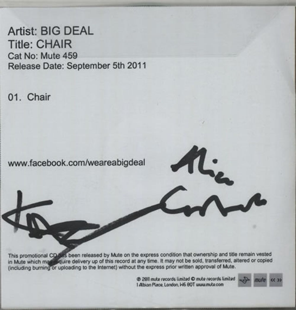 Big Deal Chair - Fully Autographed UK Promo CD-R acetate F9OCRCH634615