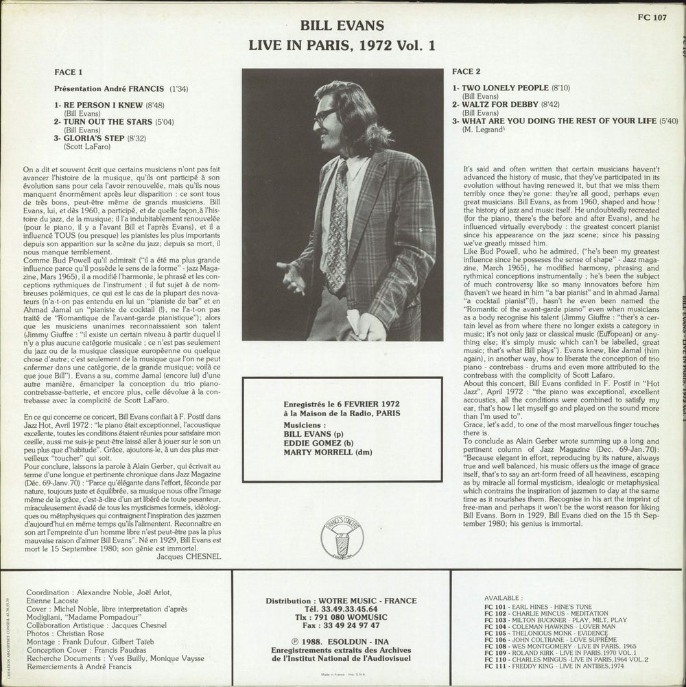 Bill Evans (Piano) Live In Paris 1972 Vol. 1 French vinyl LP album (LP record)