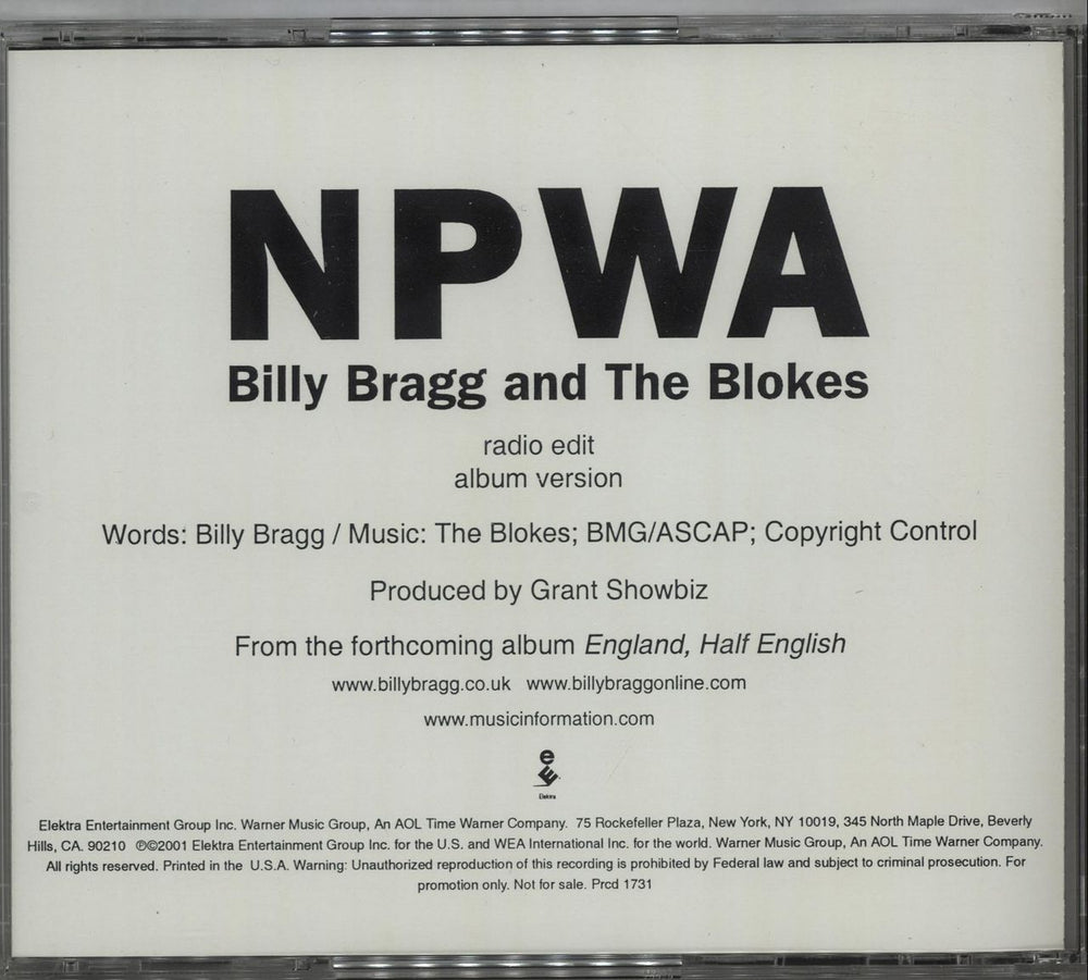 Billy Bragg NPWA US Promo CD single (CD5 / 5") BBRC5NP213403