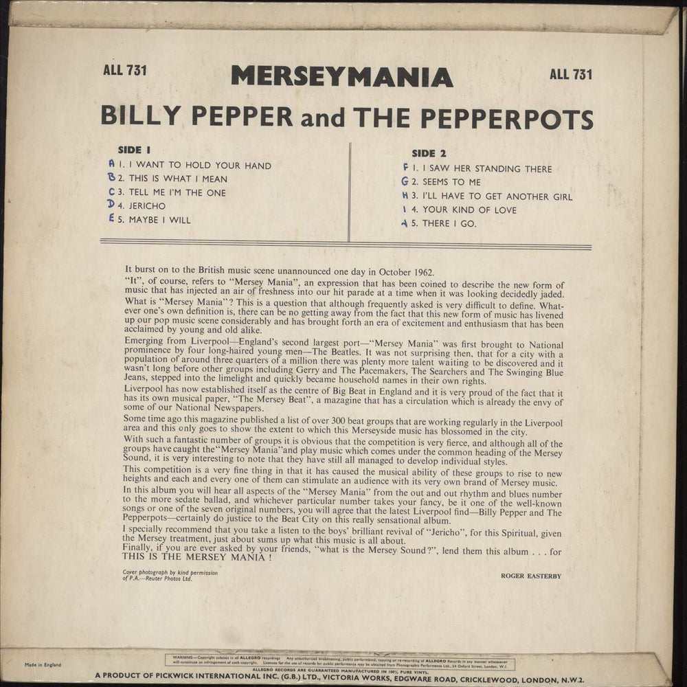 Billy Pepper & The Pepperpots Merseymania UK vinyl LP album (LP record)