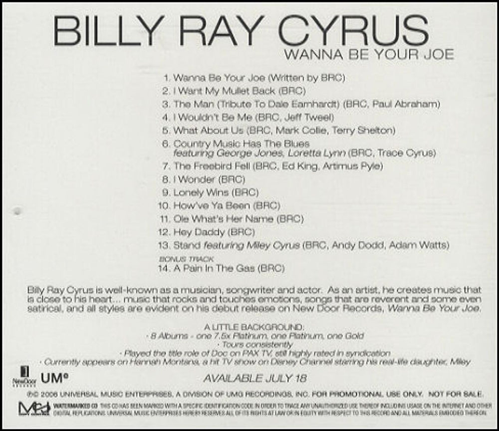 Billy Ray Cyrus Wanna Be Your Joe US Promo CD album (CDLP) BRCCDWA436591