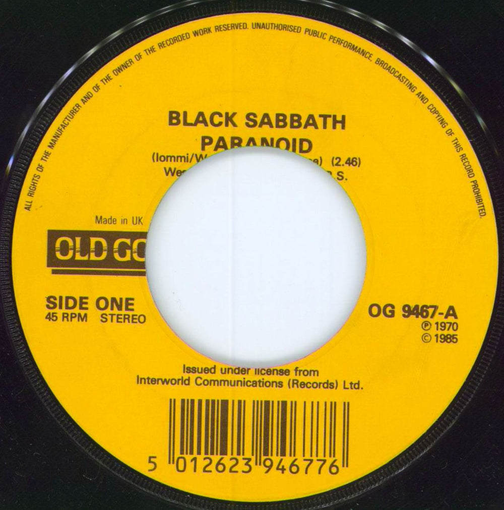 Black Sabbath Paranoid - Wide UK 7" vinyl single (7 inch record / 45) OG9467