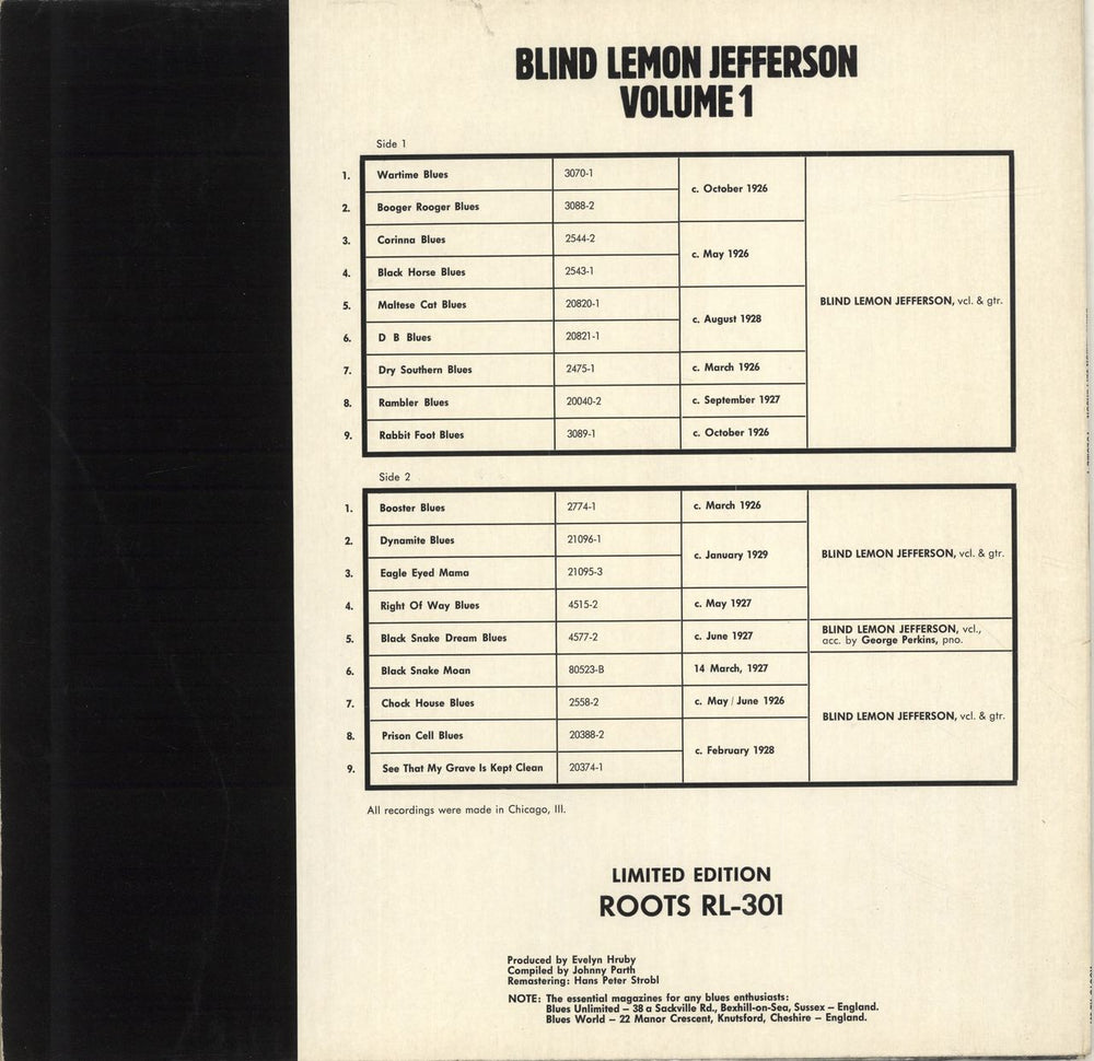 Blind Lemon Jefferson Volume 1 Austrian vinyl LP album (LP record)