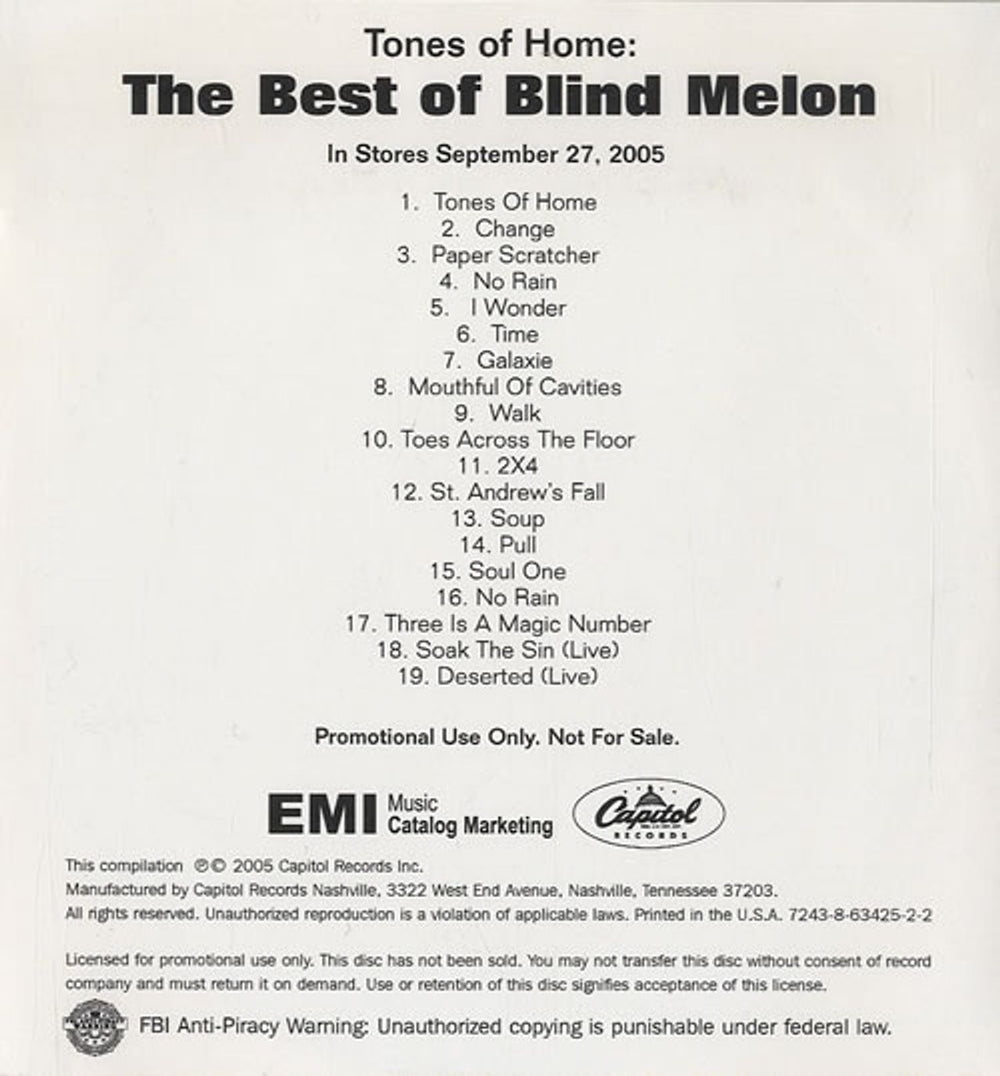 Blind Melon Tones Of Home: The Best Of Blind Melon US Promo CD-R acetate CDR ACETATE