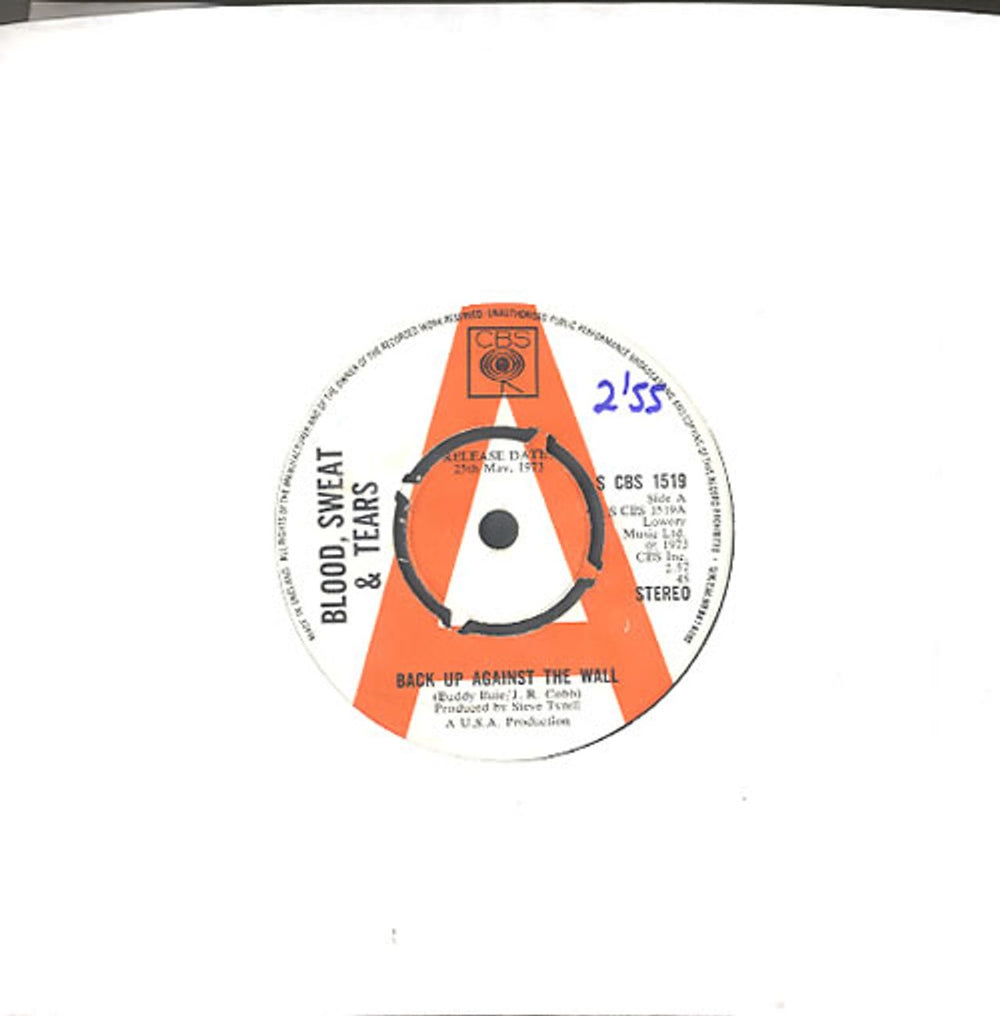 Blood Sweat & Tears Back Up Against The Wall - A Label UK Promo 7" vinyl single (7 inch record / 45) SCBS1519