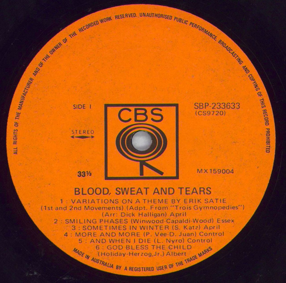 Blood Sweat & Tears Blood Sweat & Tears Australian vinyl LP album (LP record) BS&LPBL821927