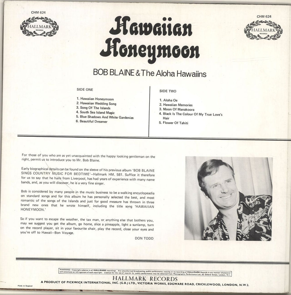 Bob Blaine Hawaiian Honeymoon UK vinyl LP album (LP record)