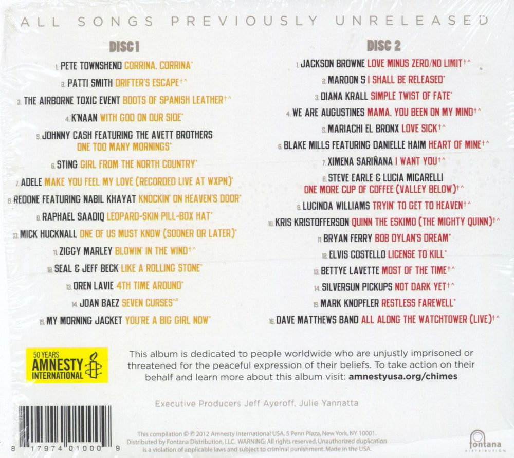 Bob Dylan Chimes of Freedom: The Songs of Bob Dylan, Honouring 50 Years of Amnesty International UK 2 CD album set (Double CD) 817974010009