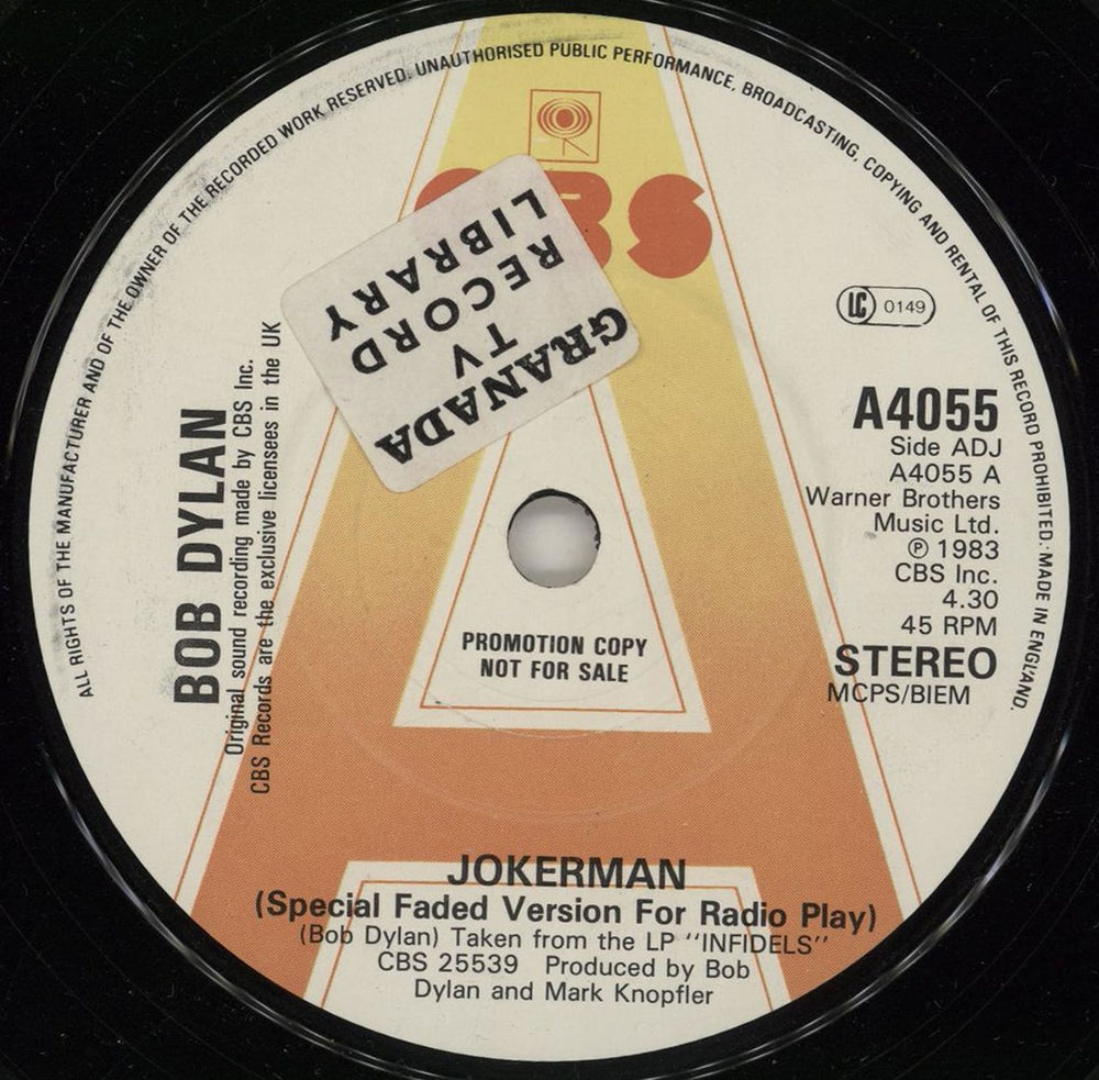 Bob Dylan Jokerman - 'A' Label - Granada UK 7" vinyl single (7 inch record / 45)