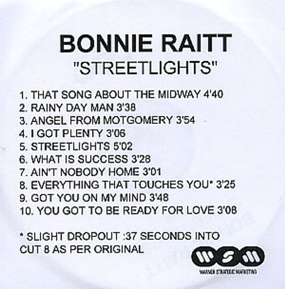 Bonnie Raitt Streetlights UK Promo CD-R acetate CD-R ACETATE