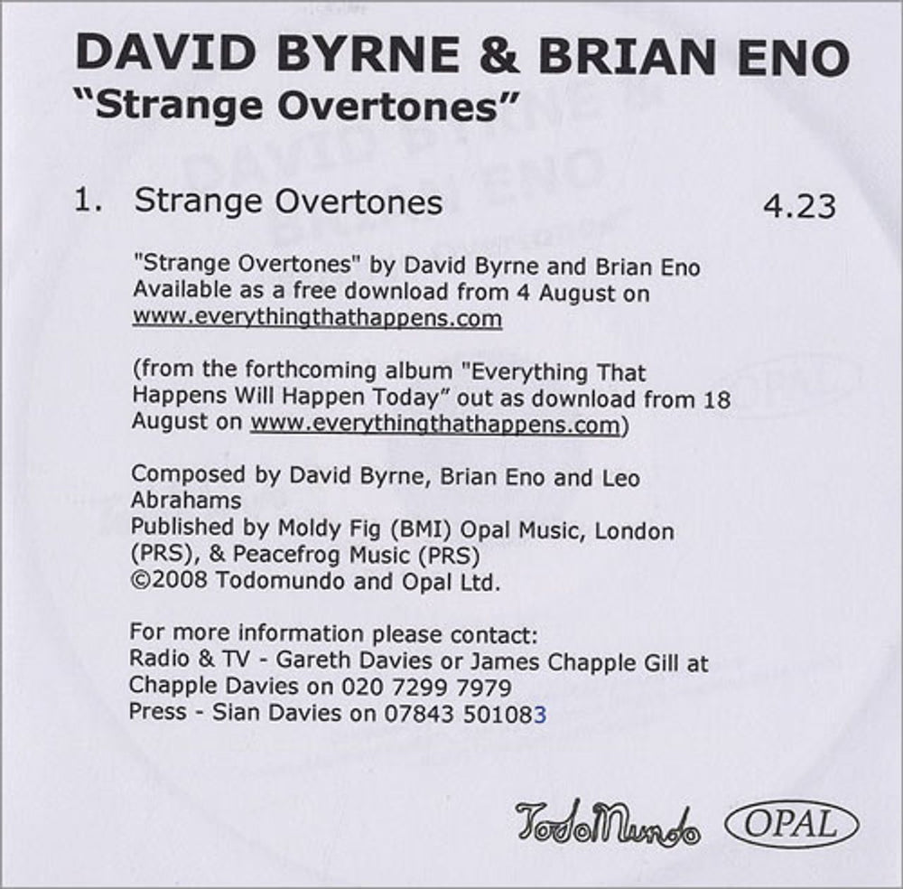 Brian Eno & David Byrne Strange Overtones UK Promo CD-R acetate CD-R ACETATE