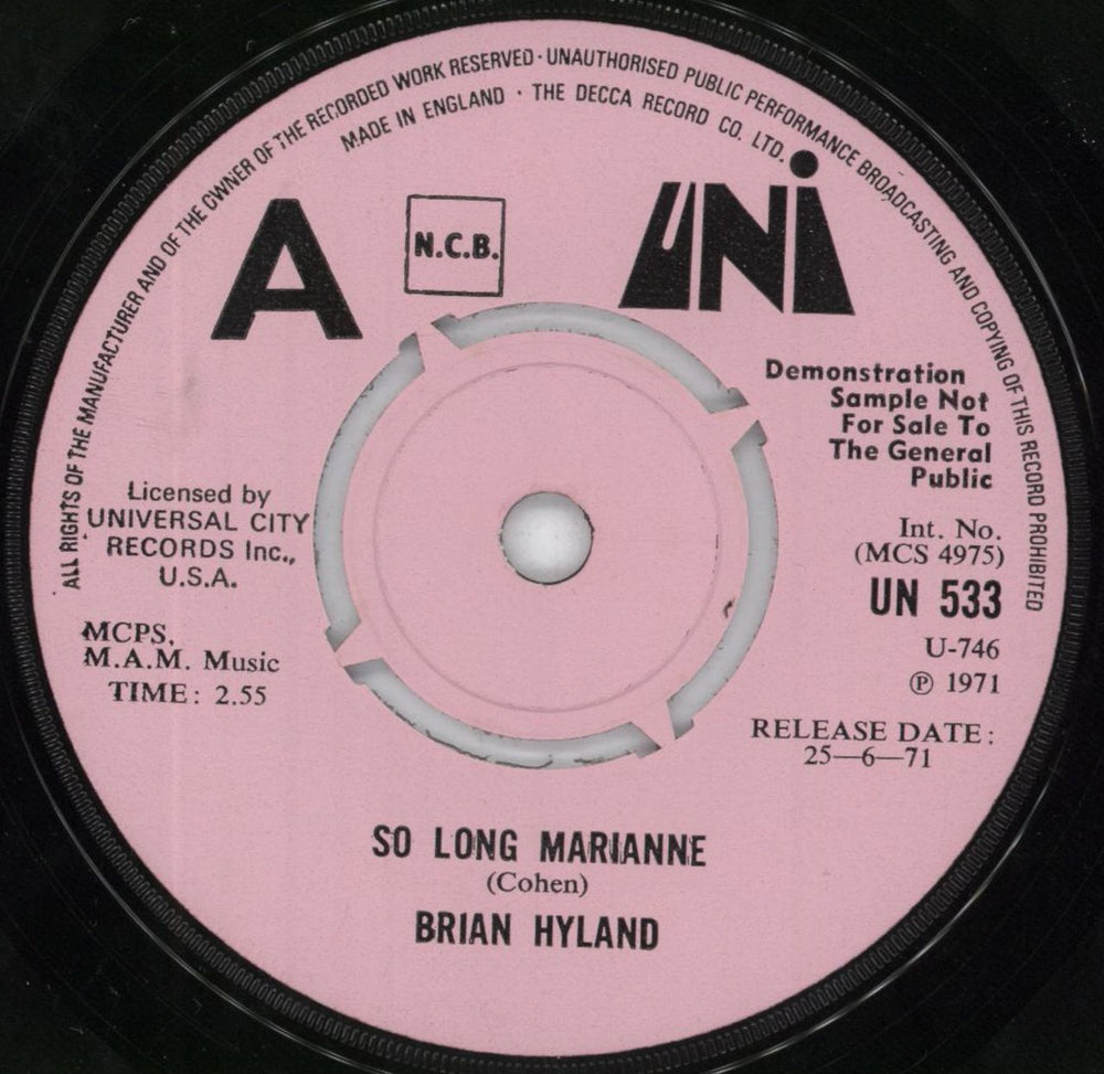 Brian Hyland So Long Marianne UK Promo 7" vinyl single (7 inch record / 45) UN533