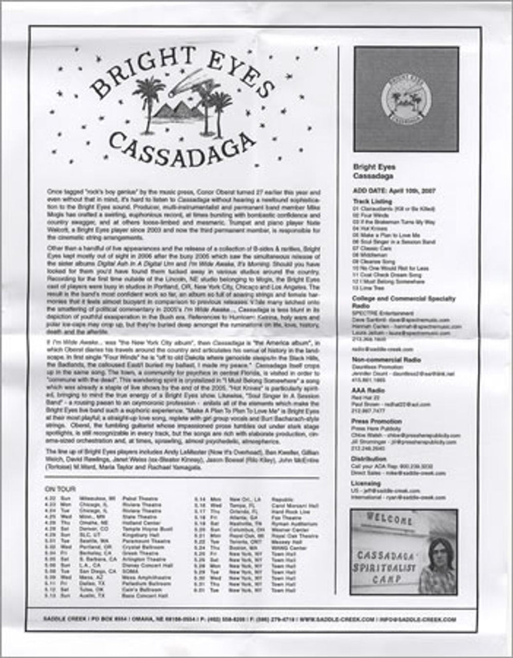 Bright Eyes Cassadaga US Promo CD album (CDLP) B/ECDCA399263