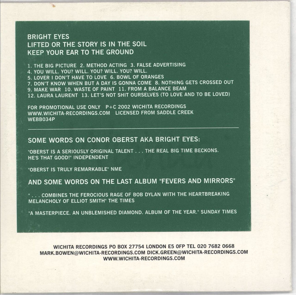 Bright Eyes Lifted Or The Story Is In The Soil, Keep Your Ear To The... UK Promo CD album (CDLP) WEBB034P