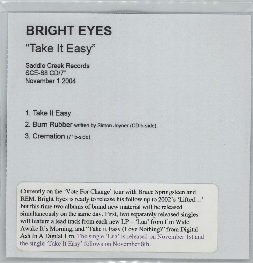 Bright Eyes Take It Easy UK Promo CD-R acetate SCE-68PR