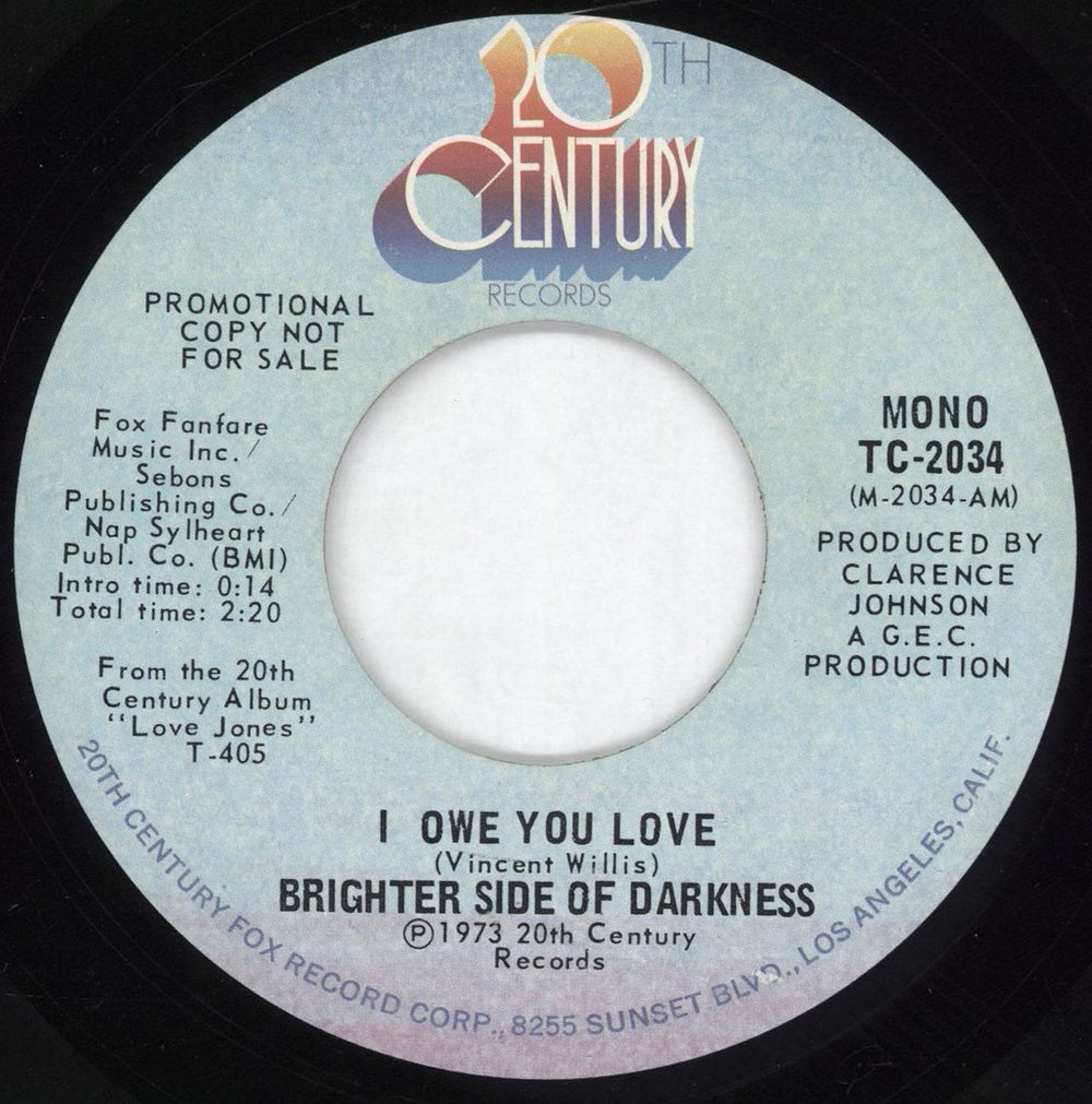 Brighter Side Of Darkness I Owe You Love US Promo 7" vinyl single (7 inch record / 45) G7I07IO705373