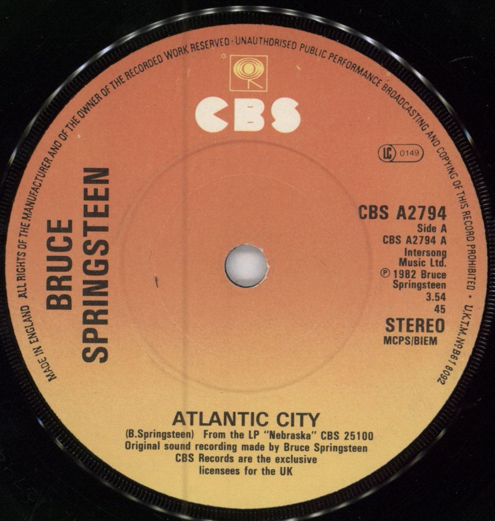 Bruce Springsteen Atlantic City - 'Standing Bruce' Sleeve UK 7" vinyl single (7 inch record / 45) SPR07AT357917