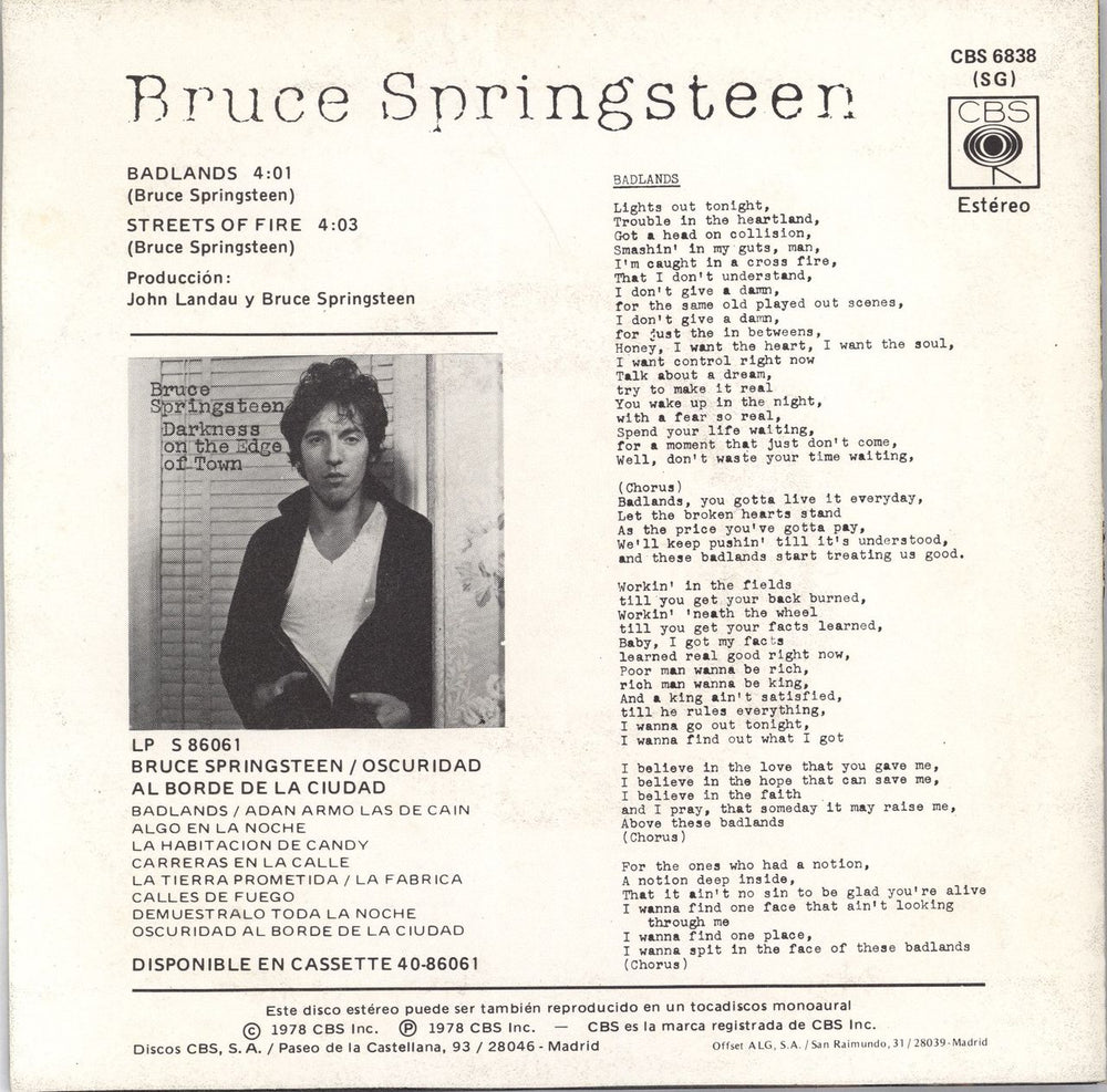 Bruce Springsteen Badlands - Orange Spanish 7" vinyl single (7 inch record / 45) SPR07BA769098