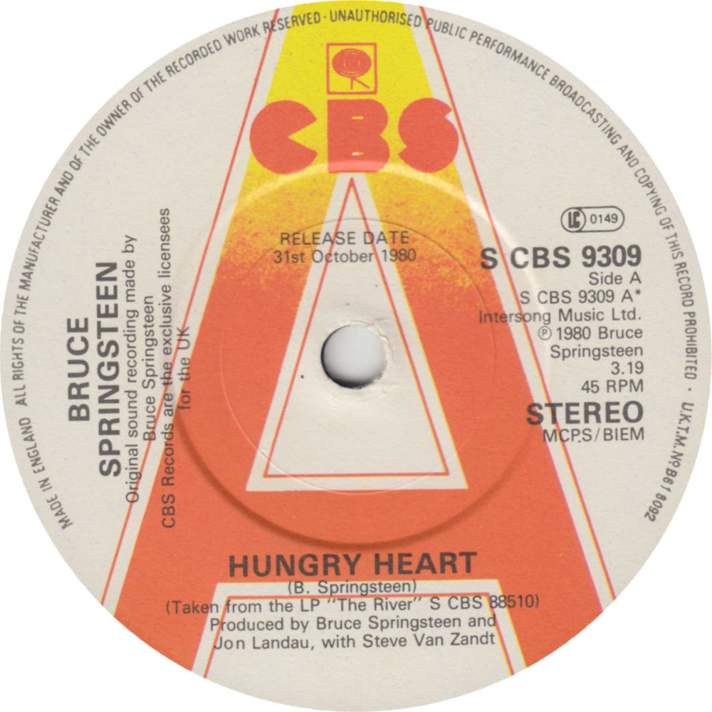 Bruce Springsteen Hungry Heart - A-Label + P/S UK Promo 7" vinyl single (7 inch record / 45) SCBS9309