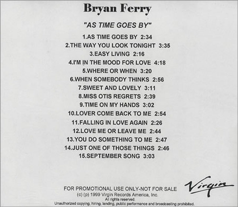 Bryan Ferry As Time Goes By - Album UK Promo CD-R acetate CD ACETATE