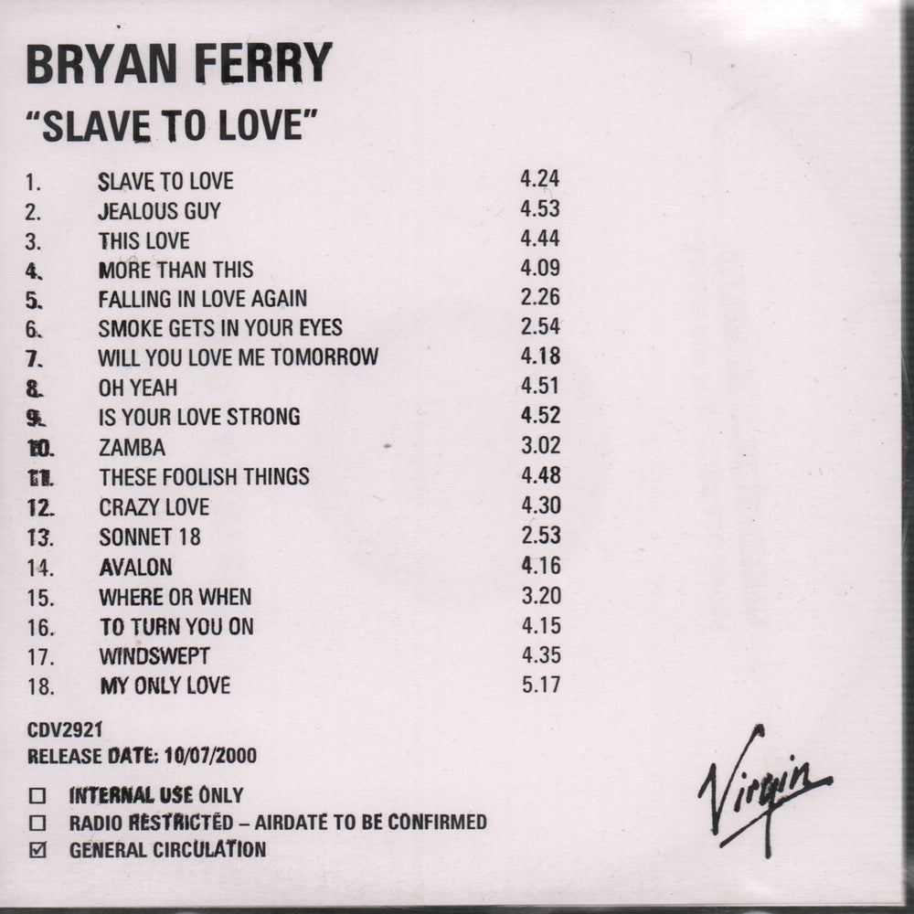 Bryan Ferry Slave To Love UK Promo CD-R acetate CDR
