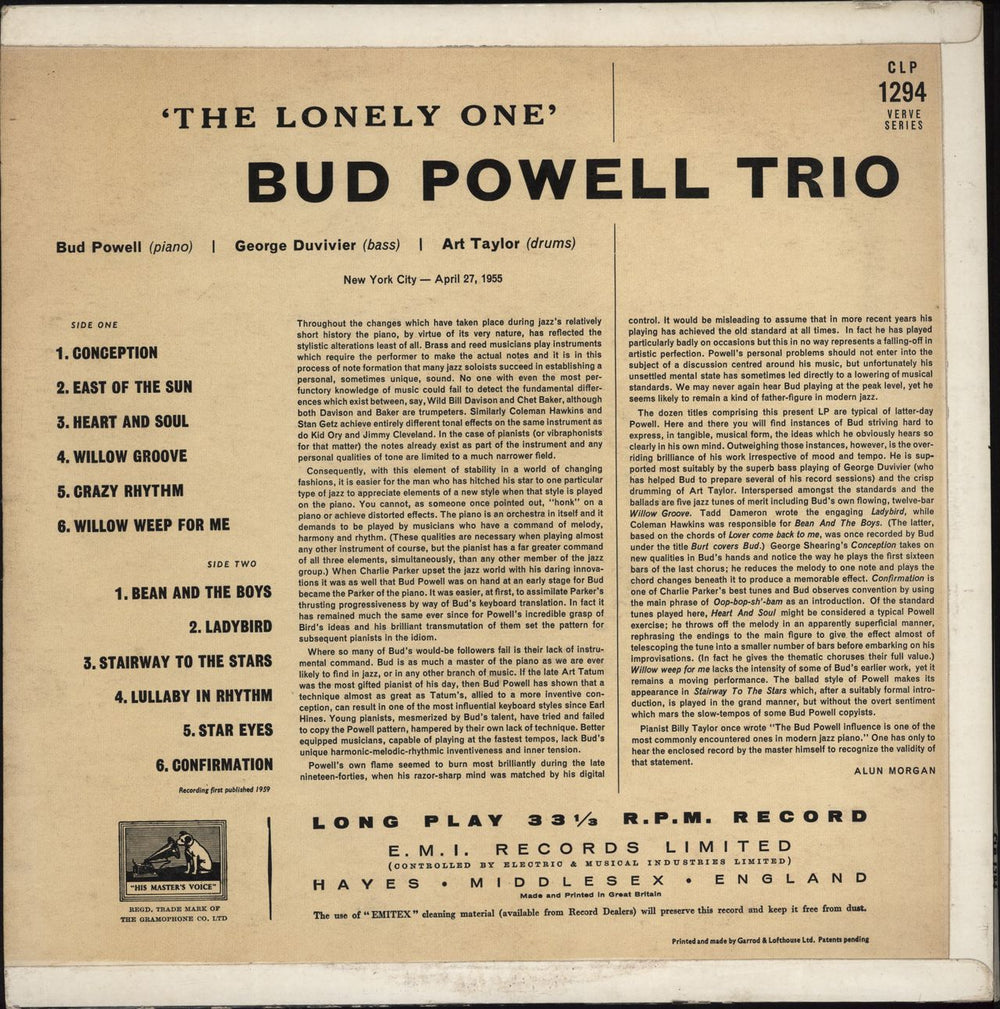 Bud Powell The Lonely One UK vinyl LP album (LP record)