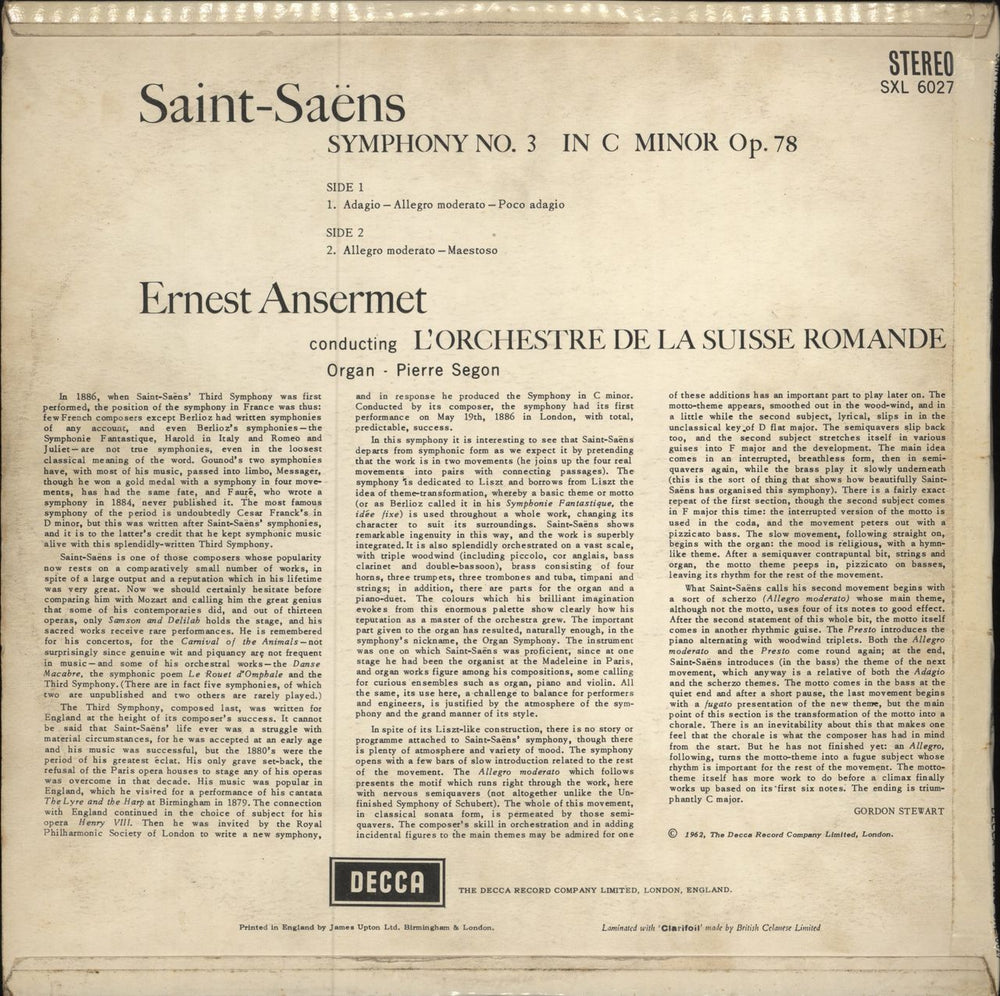 Camille Saint-Saëns Symphony No. 3 in C Minor, Op.78 - 1st UK vinyl LP album (LP record) UCVLPSY786447