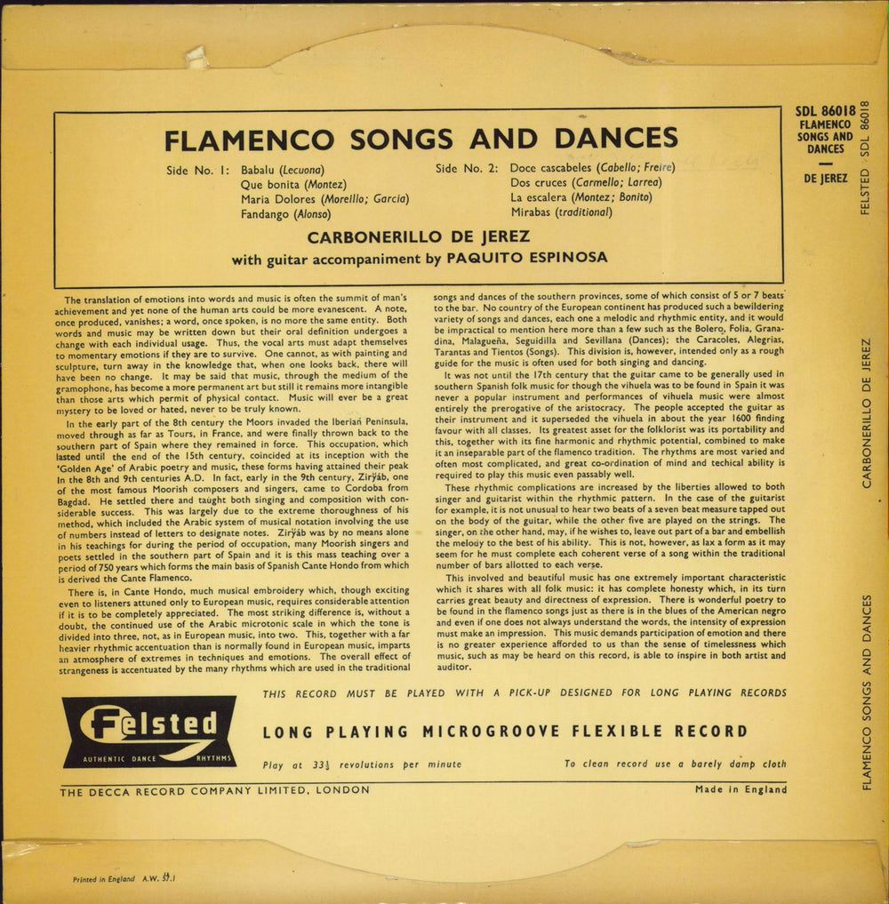 Carbonerillo De Jerez Flamenco Songs & Dances UK 10" vinyl single (10 inch record)