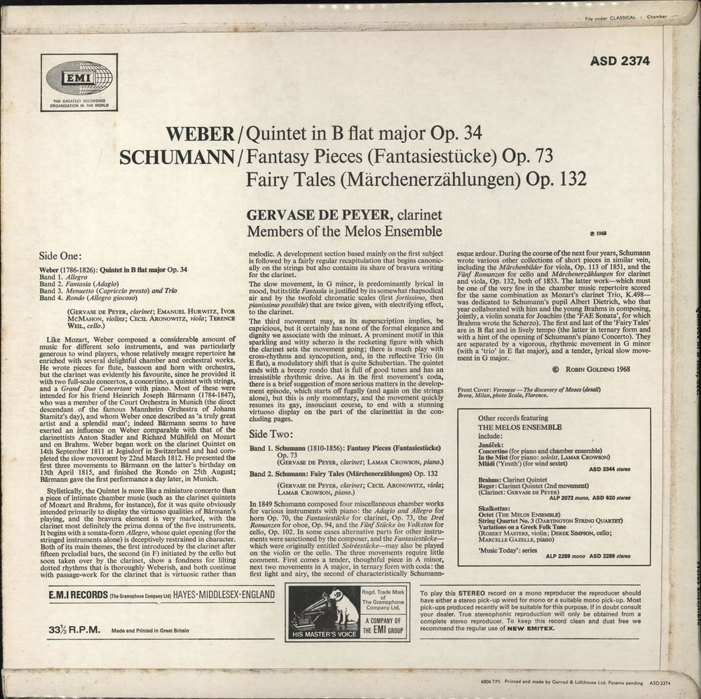 Carl Maria Von Weber Weber: Clarinet Quintet in B Flat / Schumann: Fantasy Pieces, Op. 73 - Fairy Tales, Op. 132 UK vinyl LP album (LP record)