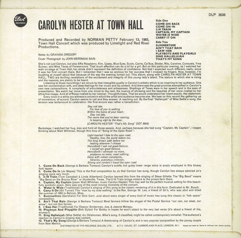 Carolyn Hester Carolyn Hester At Town Hall UK vinyl LP album (LP record)