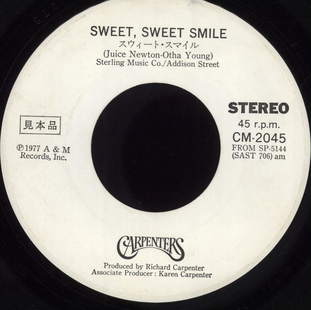 Carpenters Sweet Sweet Smile - White label + Sleeve - EX Japanese Promo 7" vinyl single (7 inch record / 45) CRP07SW318538