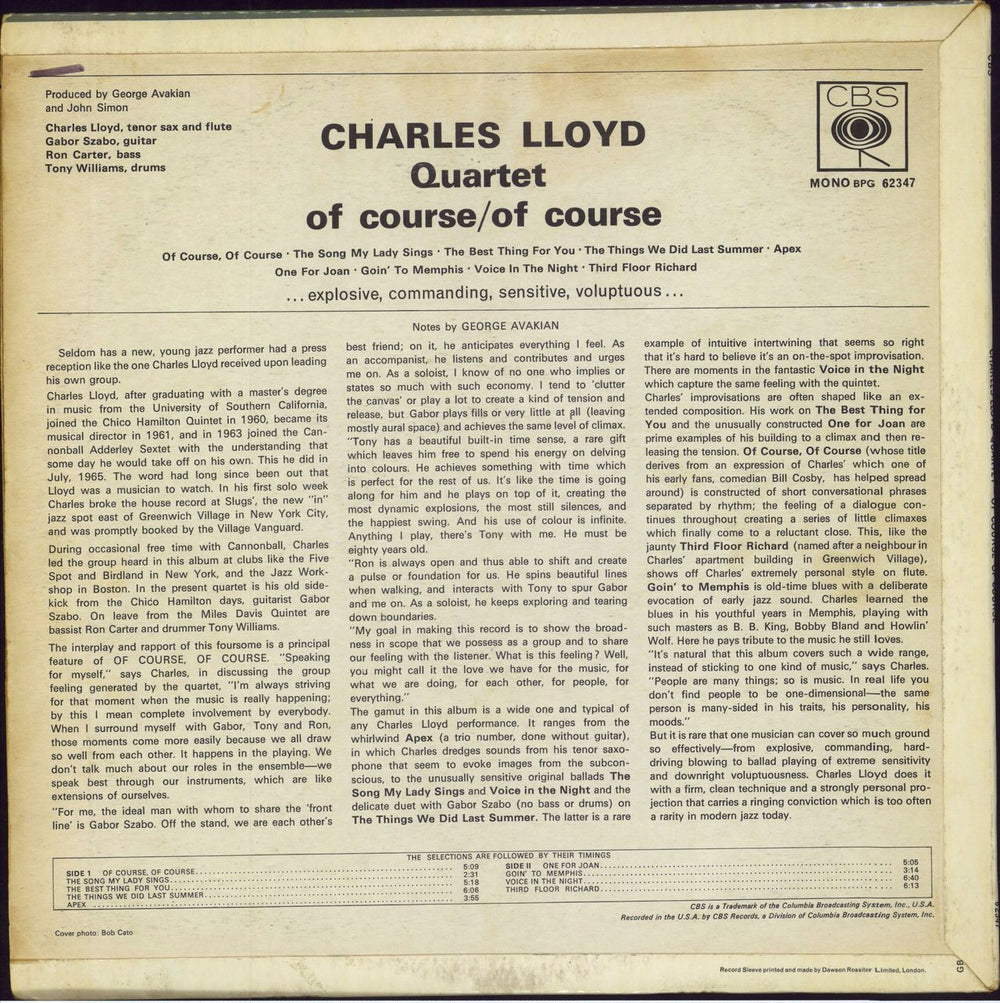 Charles Lloyd Of Course Of Course UK vinyl LP album (LP record)