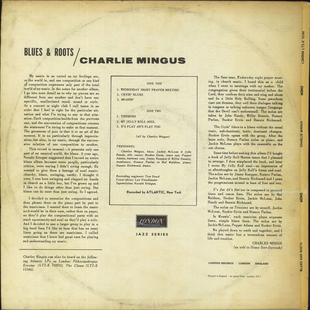 Charles Mingus Blues And Roots - EX/VG UK vinyl LP album (LP record)