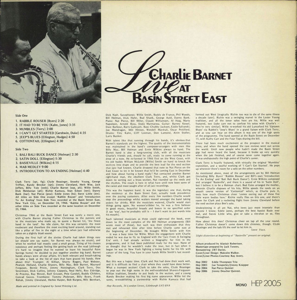 Charlie Barnet Live At Basin Street East UK vinyl LP album (LP record)