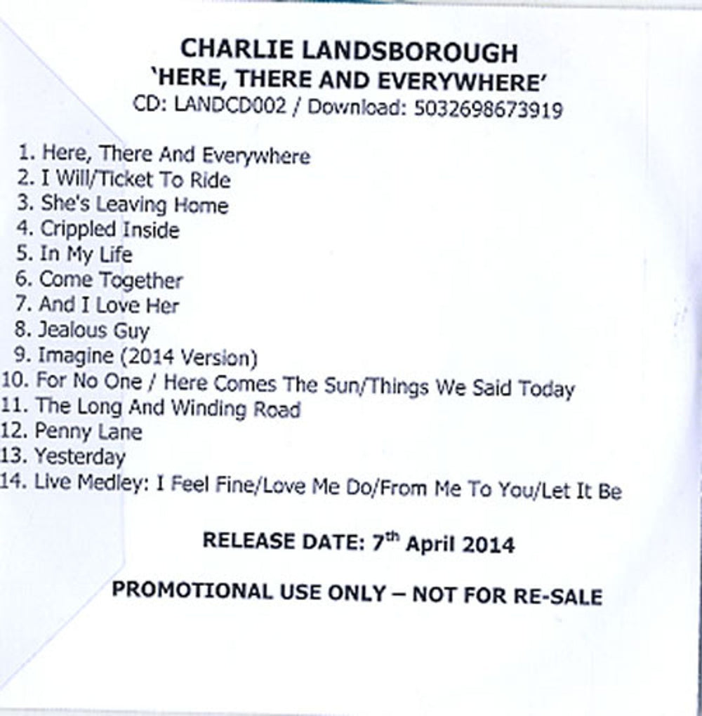 Charlie Landsborough Here, There And Everywhere UK Promo CD-R acetate F2ACRHE612331