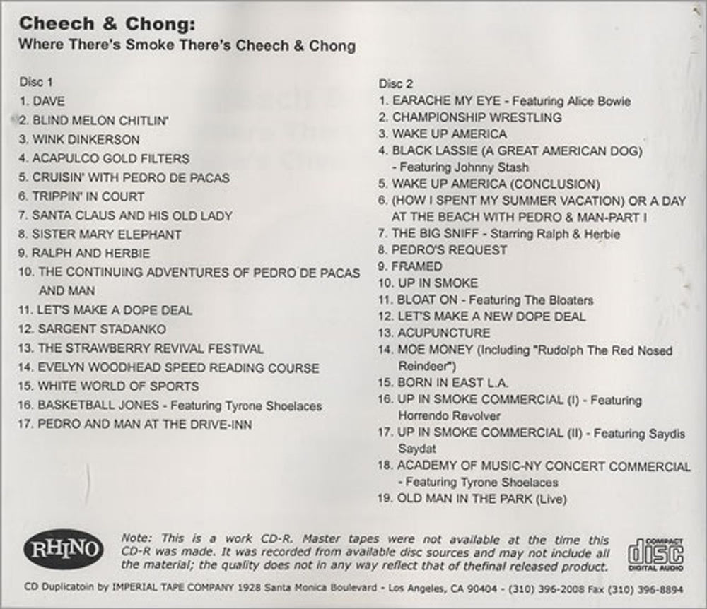 Cheech & Chong Where There's Smoke There's Cheech & Chong US Promo CD-R acetate CDR ACETATE