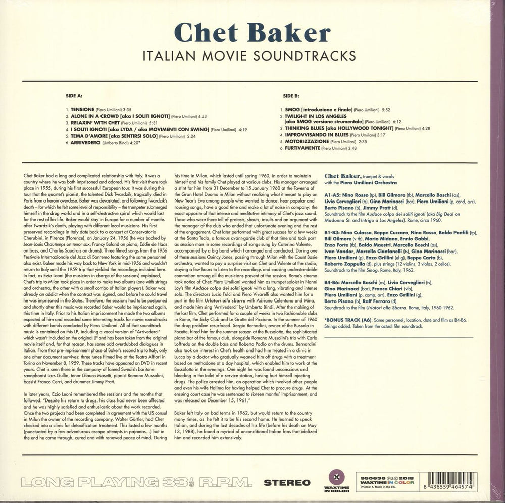 Chet Baker Italian Movie Soundtracks - Purple Vinyl - Sealed UK vinyl LP album (LP record) 8436559464574