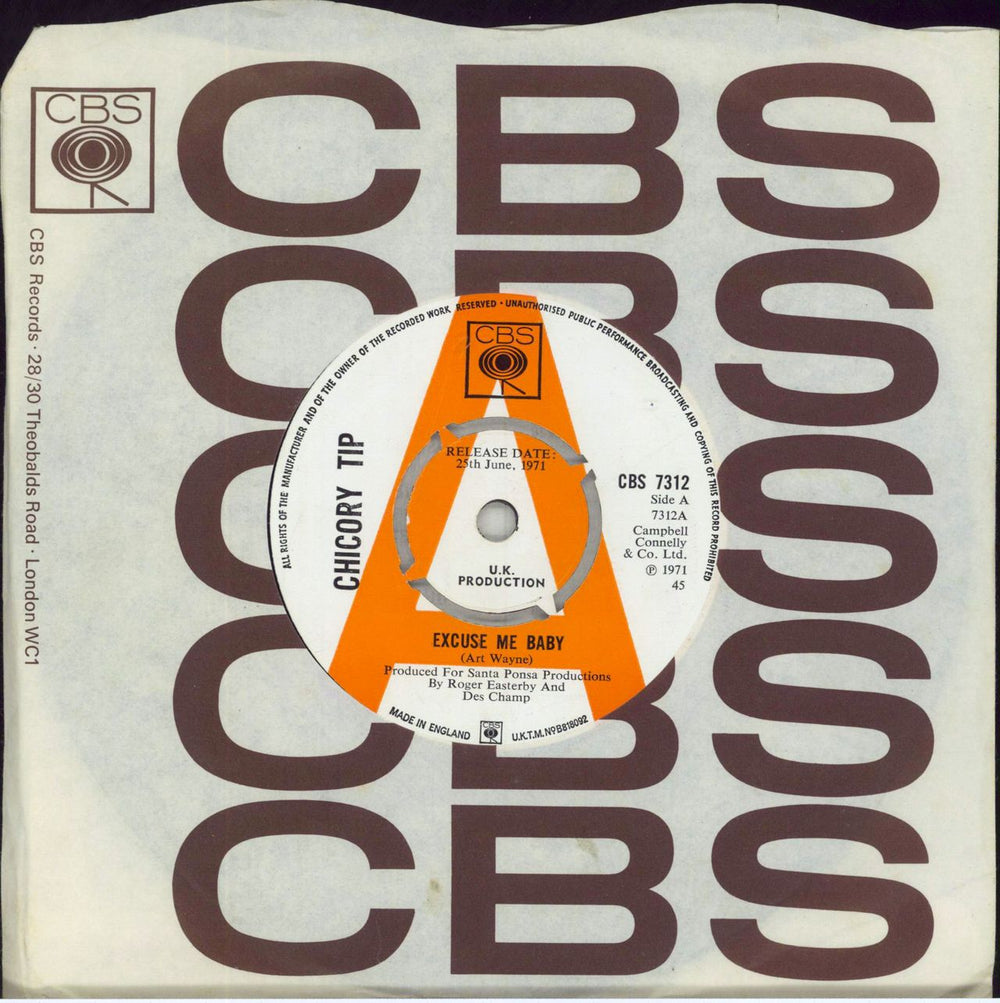 Chicory Tip Excuse Me Baby UK Promo 7" vinyl single (7 inch record / 45) CBS7312