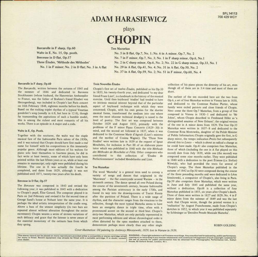 Chopin Chopin: Barcarolle In F Sharp / Waltz In E / Berceuse In D Flat / Three Etudes / Ten Mazurkas UK vinyl LP album (LP record)