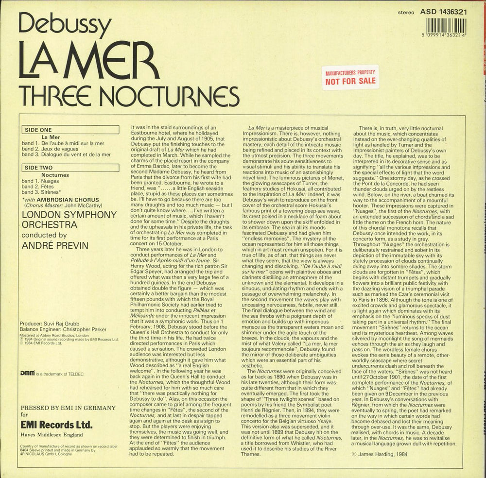 Claude Debussy La Mer / Three Nocturnes German vinyl LP album (LP record) 5099914363214