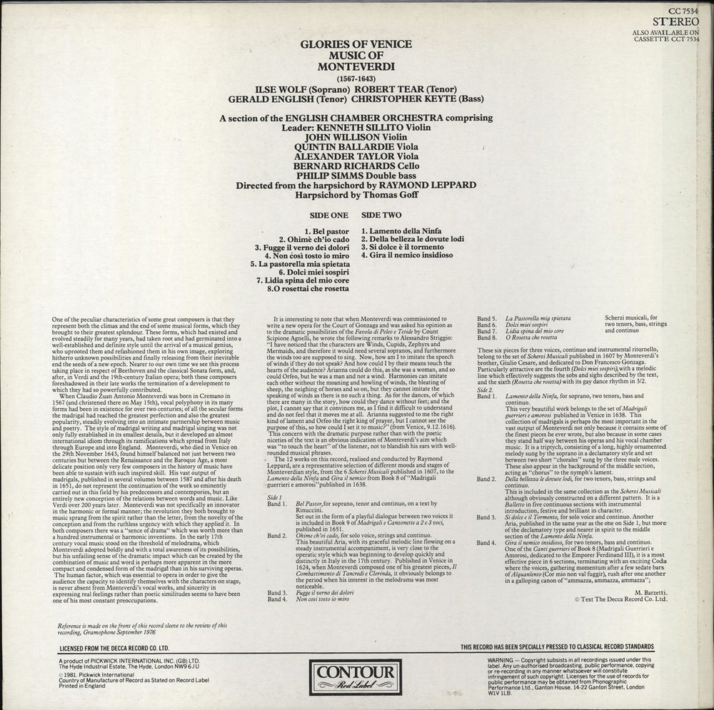 Claudio Monteverdi Glories Of Venice - Music Of Monteverdi UK vinyl LP album (LP record)