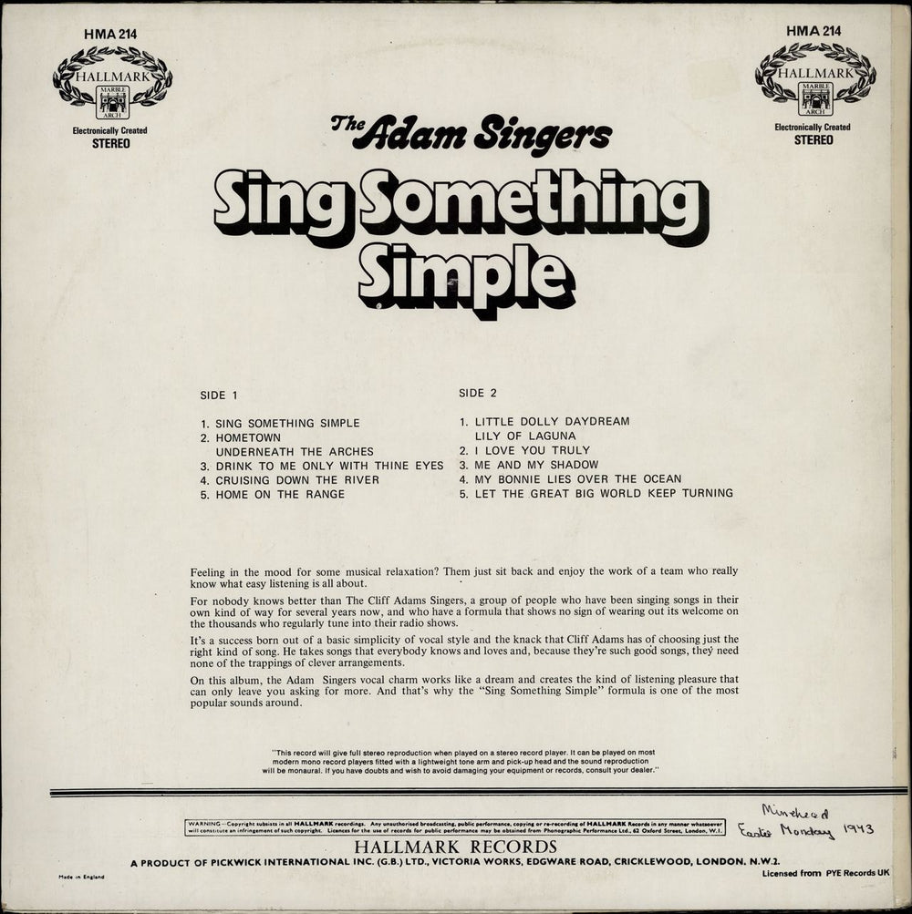 Cliff Adams Sing Something Simple UK vinyl LP album (LP record)