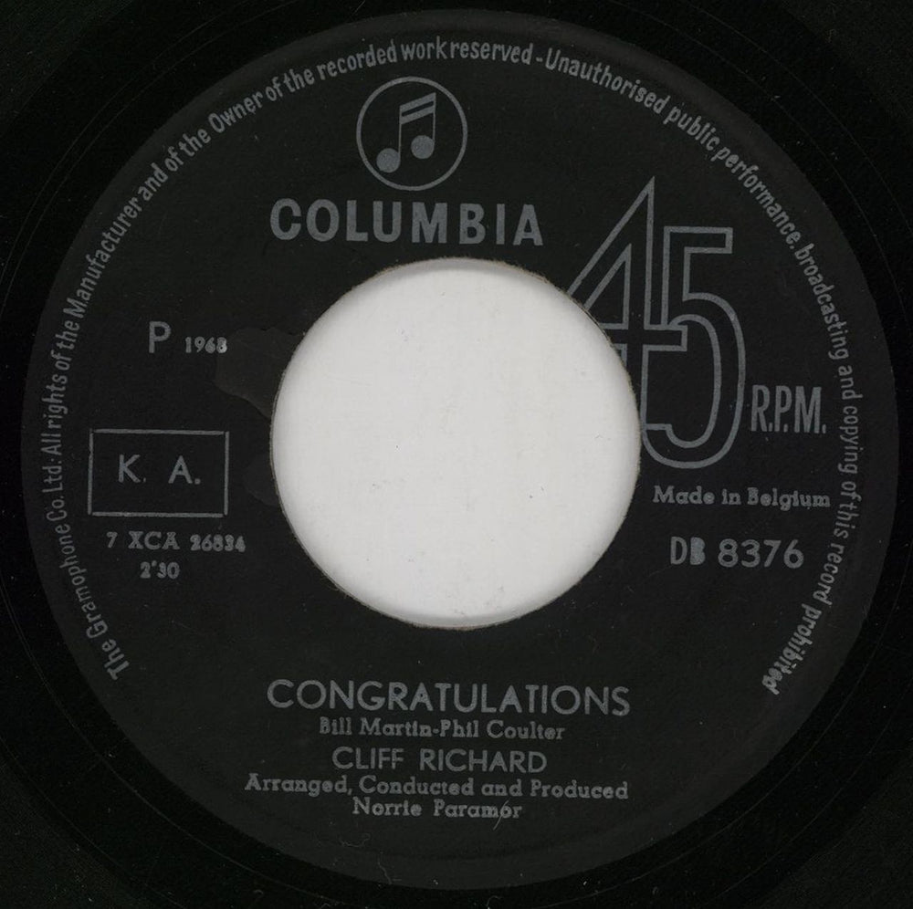 Cliff Richard Congratulations + Sleeve Belgian 7" vinyl single (7 inch record / 45) RIC07CO755398