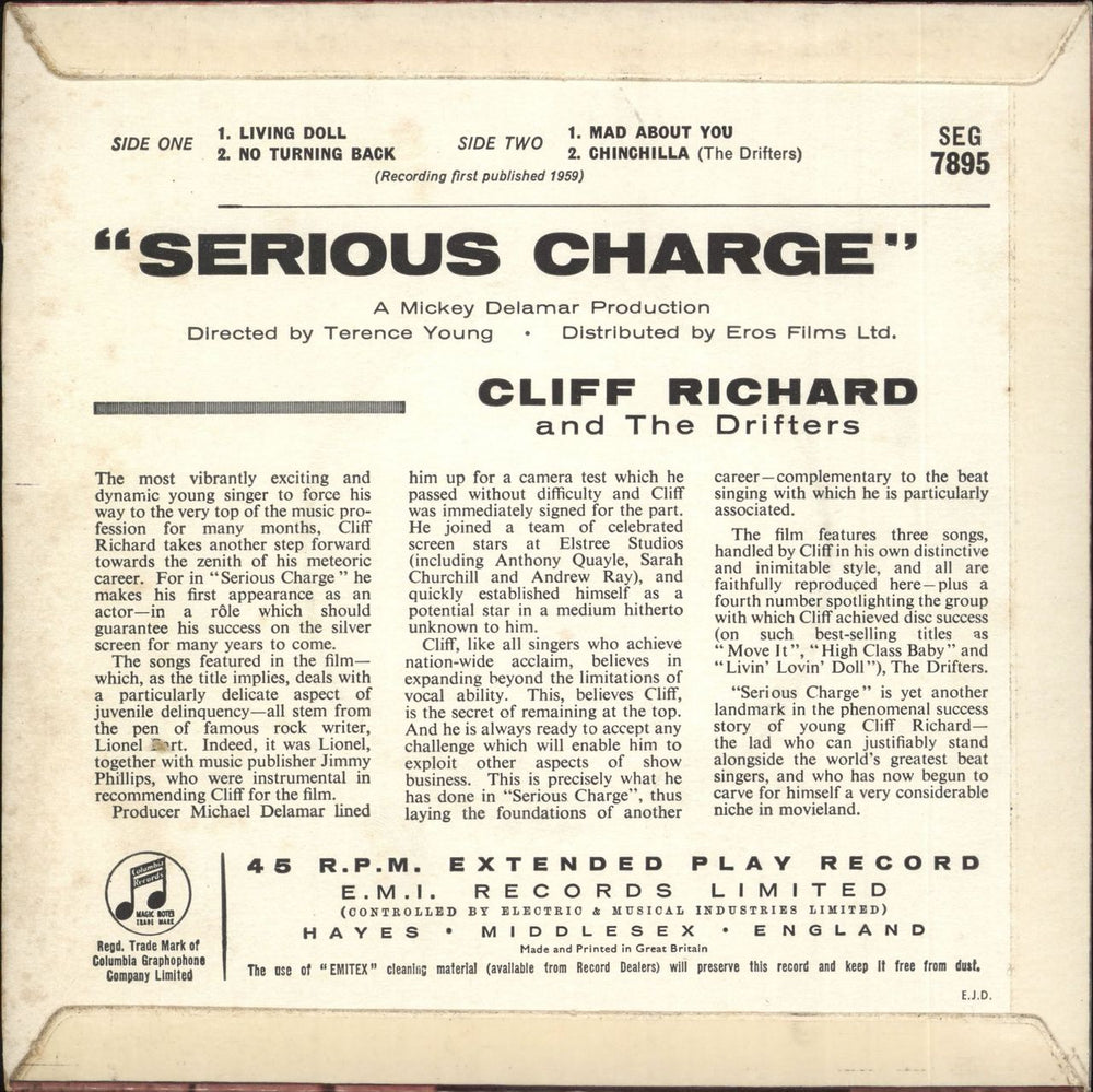 Cliff Richard Serious Charge EP - 1st - Turquoise - EX UK 7" vinyl single (7 inch record / 45)