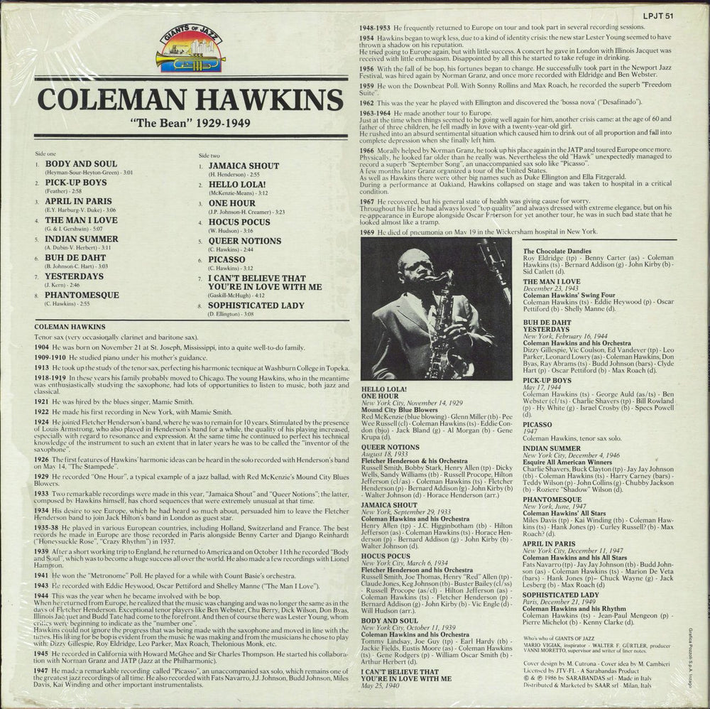 Coleman Hawkins The Bean - 1929-1949 Italian vinyl LP album (LP record)