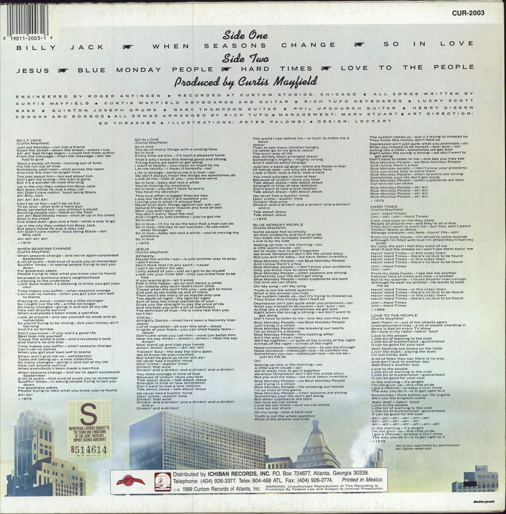 Curtis Mayfield There's No Place Like America Today US vinyl LP album (LP record) 019011200316