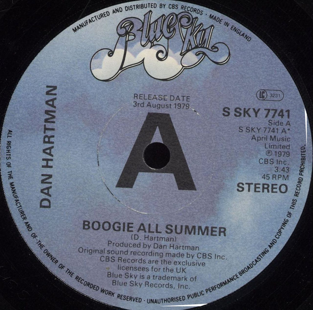 Dan Hartman Boogie All Summer UK Promo 7" vinyl single (7 inch record / 45) SSKY7741