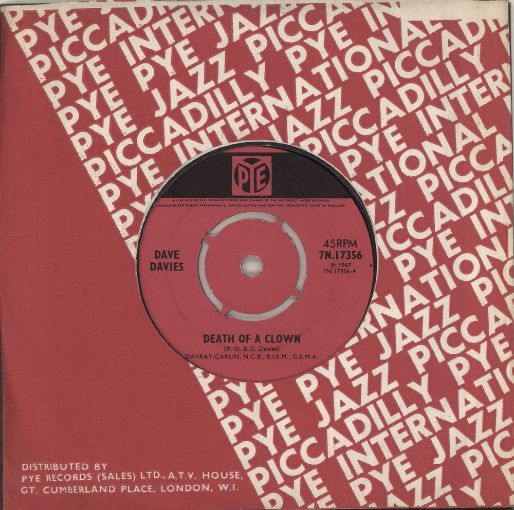 Dave Davies Death Of A Clown - 4pr UK 7" vinyl single (7 inch record / 45) 7N.17356