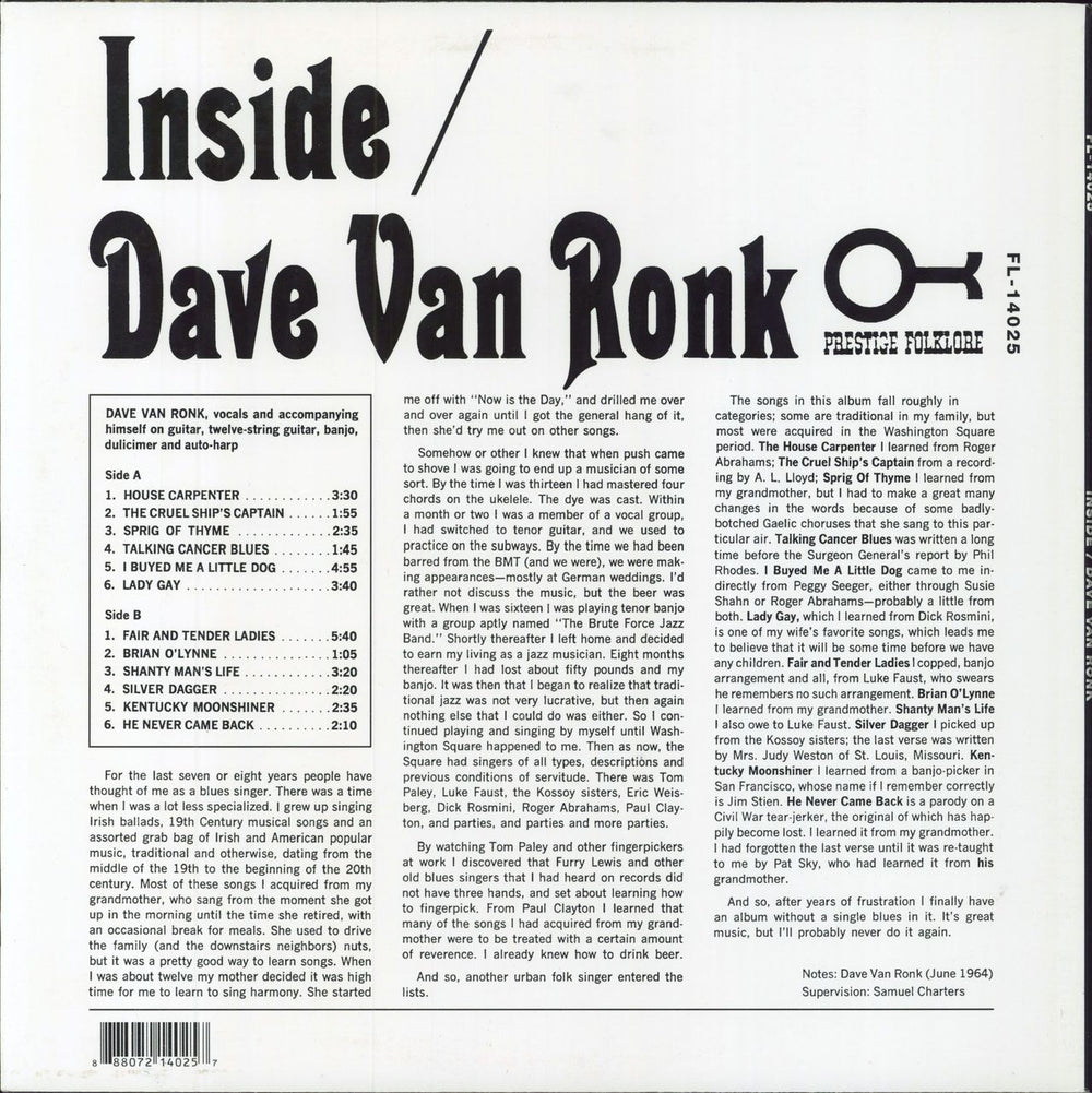 Dave Van Ronk Inside US vinyl LP album (LP record) 888072140257